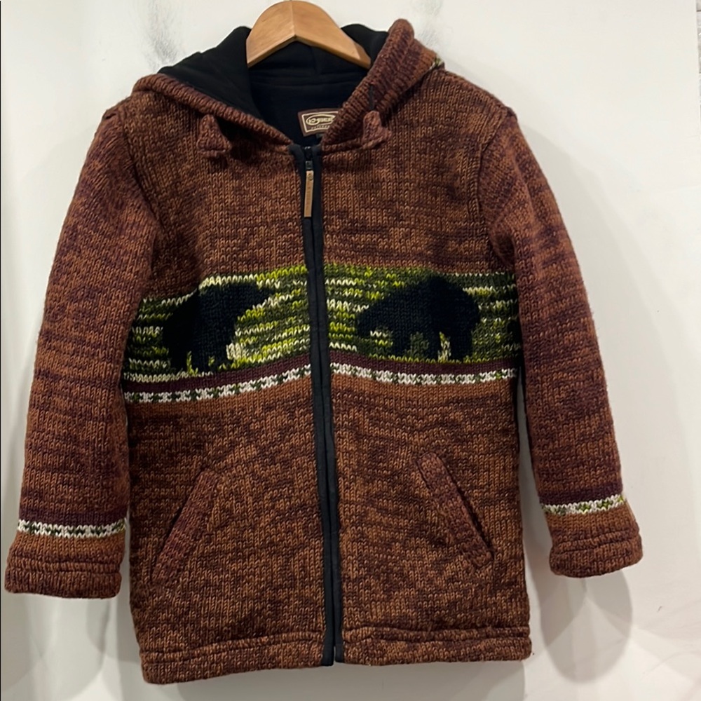 Kyler Outwear Nepal Wool Knit Lined Hoodie Cardigan Sweater Brown Green Unisex M